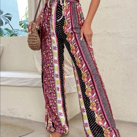 Boho Paisley Floral Polka Dot Print High Waist Rise Wide Leg Palazzo Pants - Picture 9 of 13
